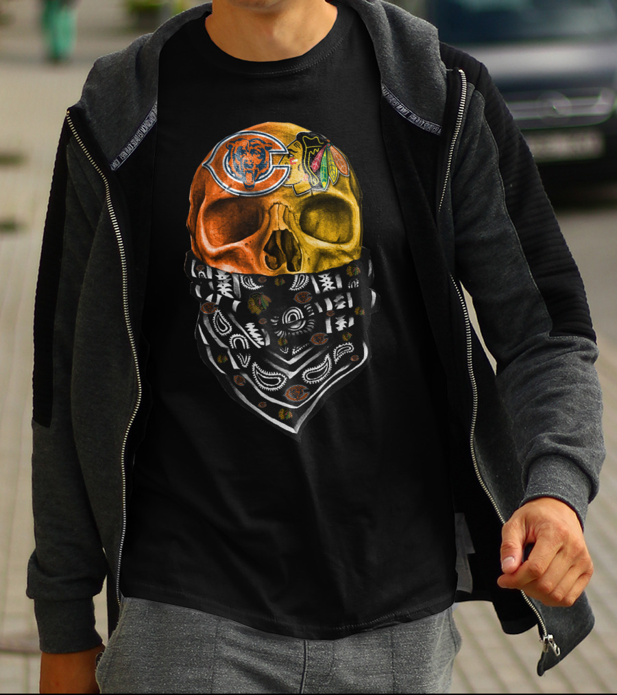 Chicago Bears And Blackhawks Skull Bandana T-Shirt
