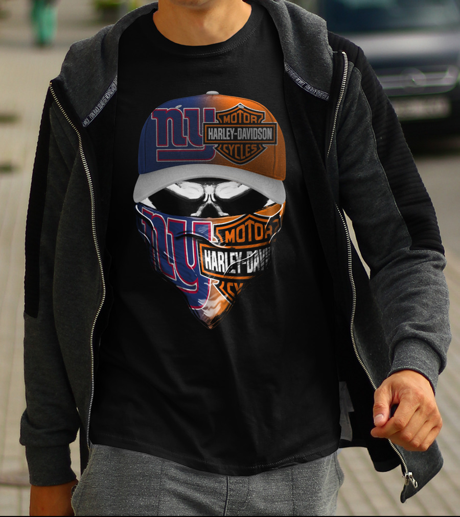 New York Giants And Harley Davidson Crossover Skull Mask Hat T-Shirt