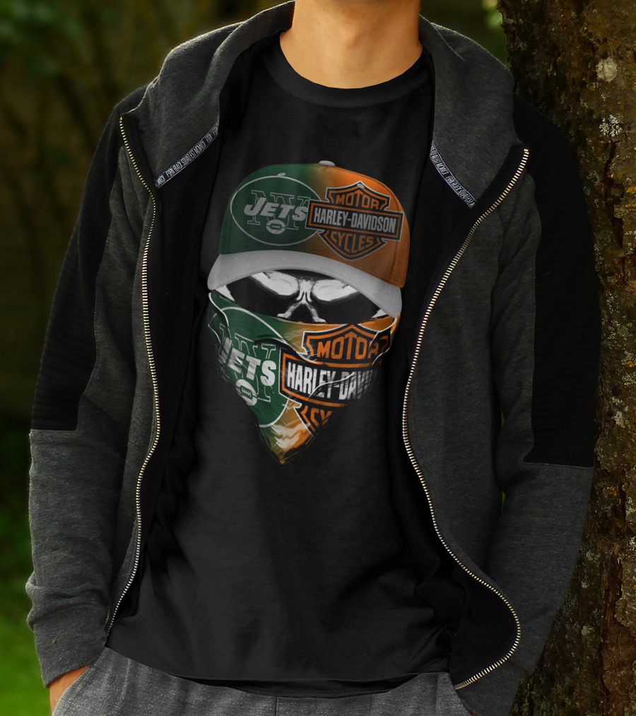 New York Jets Harley Davidson Motorcycles Mashup 24Hl Cap And Bandana T-Shirt