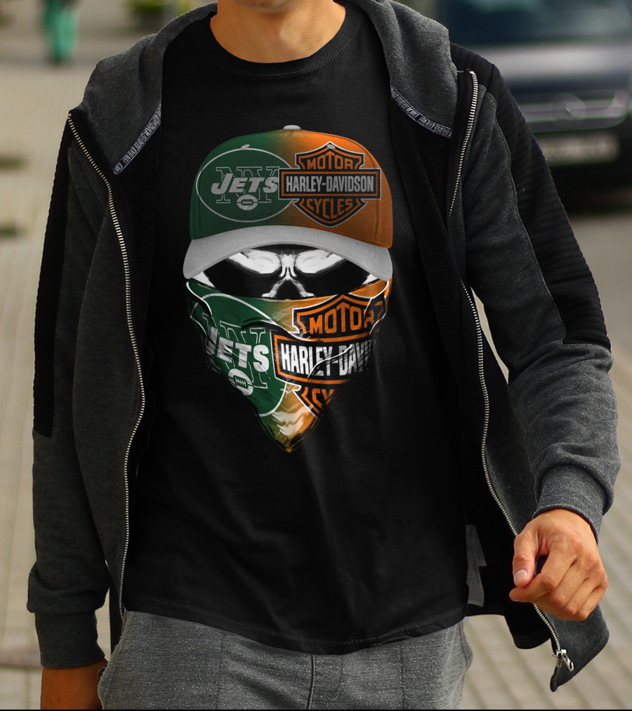 New York Jets Harley Davidson Motorcycles Mashup 24Hl Cap And Bandana T-Shirt