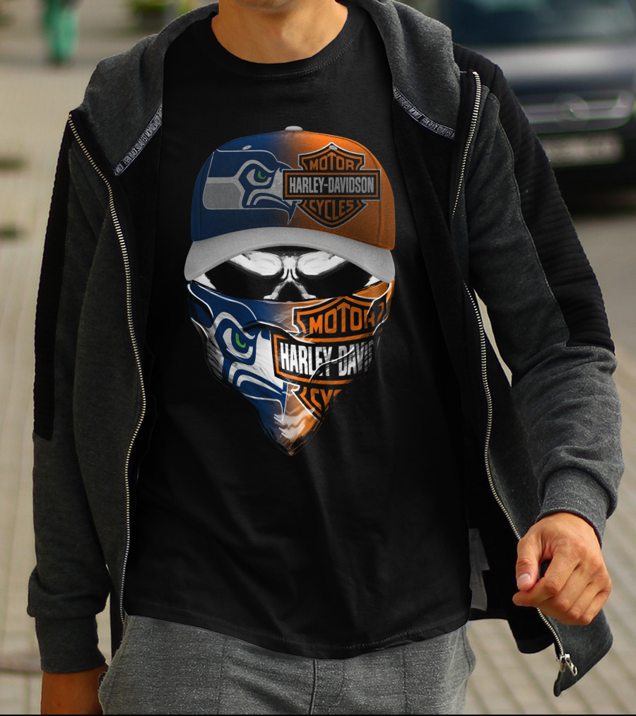 Seattle Seahawks Harley Davidson Collaboration Skull Face T-Shirt