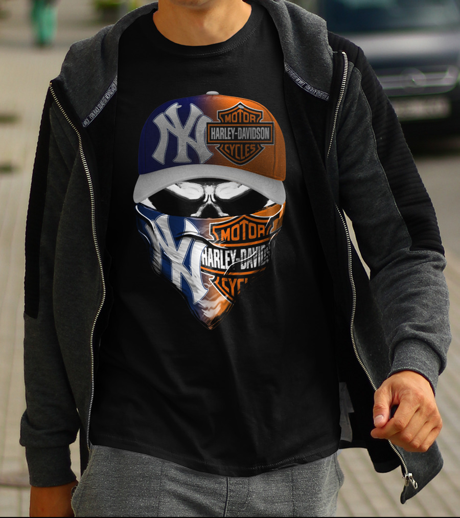 New York Yankees Harley Davidson Motorcycles Skull Mask Hat T-Shirt