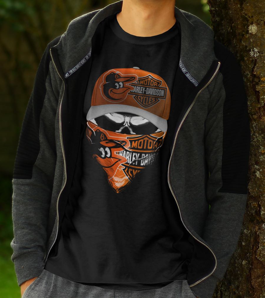 Baltimore Orioles Harley Davidson Hybrid Skulled Style T-Shirt