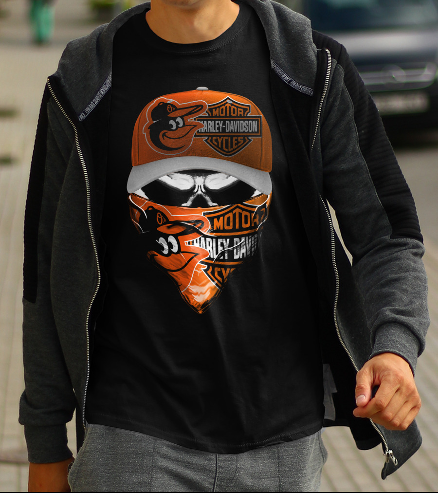 Baltimore Orioles Harley Davidson Hybrid Skulled Style T-Shirt