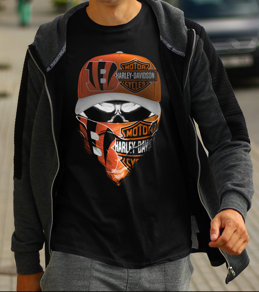 Harley Davidson Cincinnati Bengals Skull Mask Hat T-Shirt