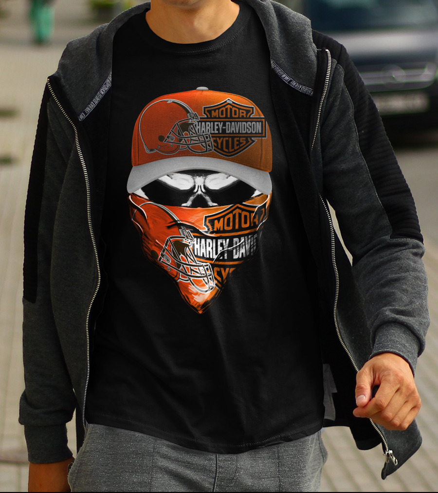 Harley Davidson Motorcycles Cleveland Browns Skull Cap And Bandana T-Shirt