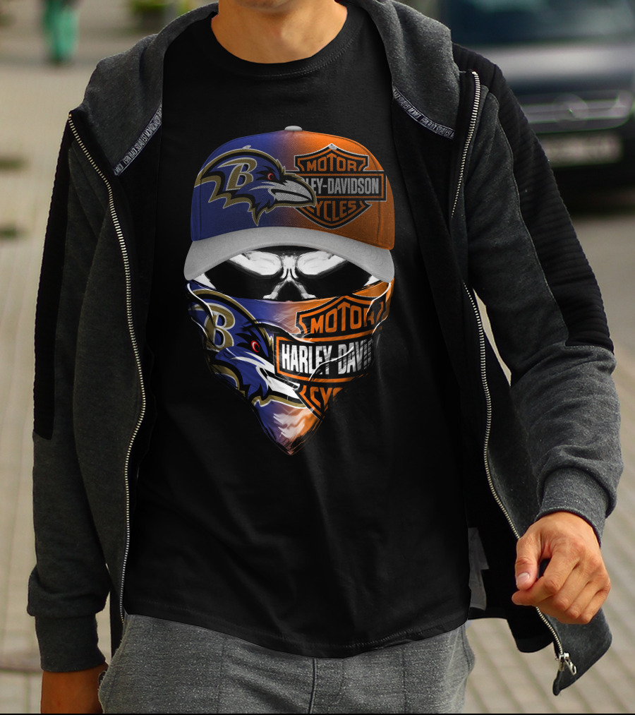 Baltimore Ravens Harley Davidson Motorcycles Skull Face Cover Hat T-Shirt