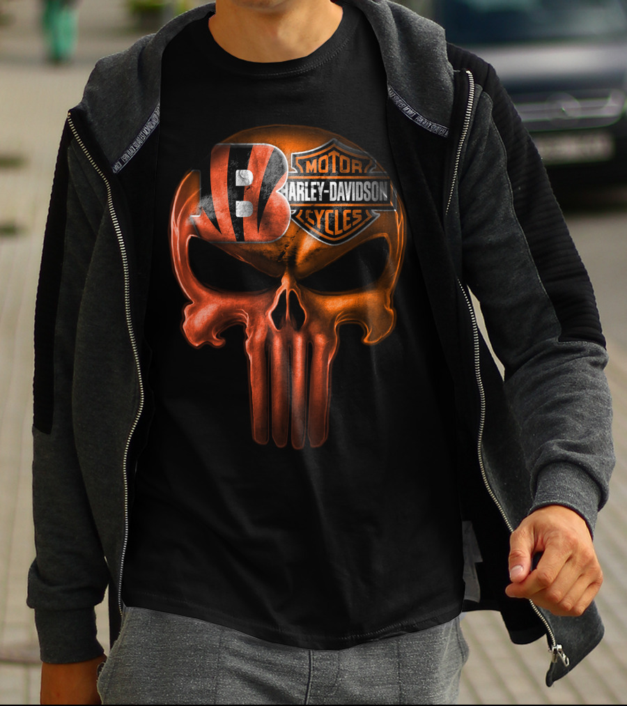 Cincinnati Bengals Harley Davidson Punisher Skull T-Shirt