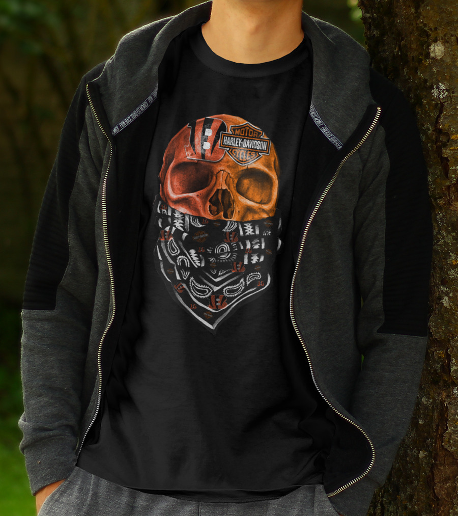 Cincinnati Bengals Harley Davidson Skull Bandana T-Shirt