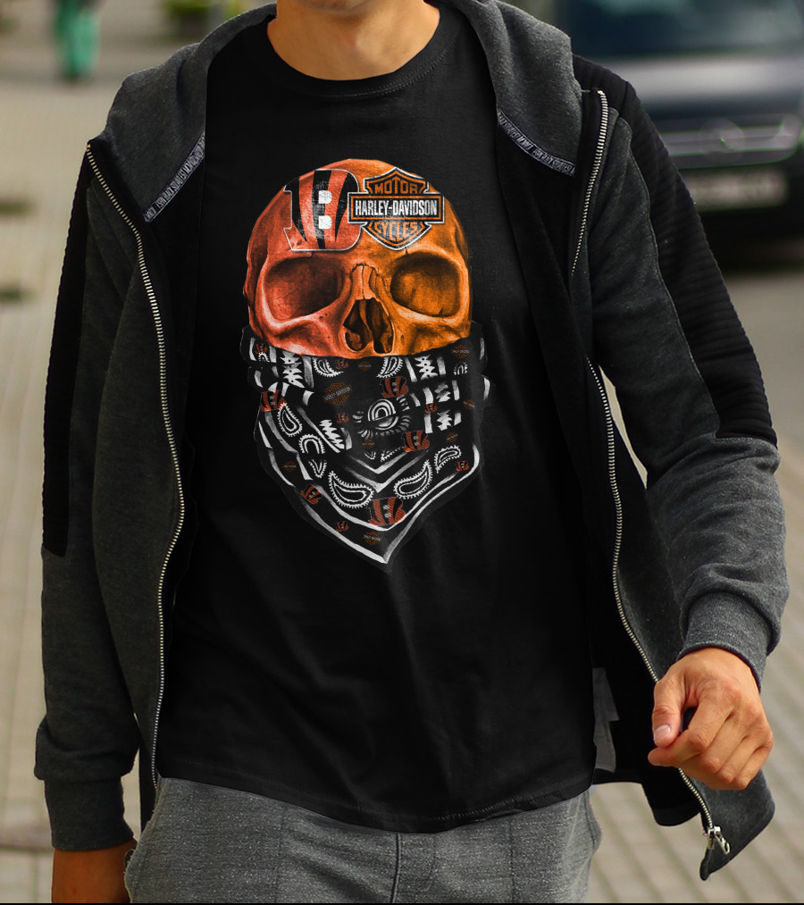 Cincinnati Bengals Harley Davidson Skull Bandana T-Shirt