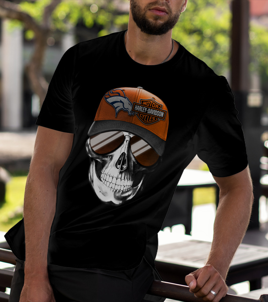 Harley Davidson Motorcycles Skull With Denver Broncos Cap T-Shirt