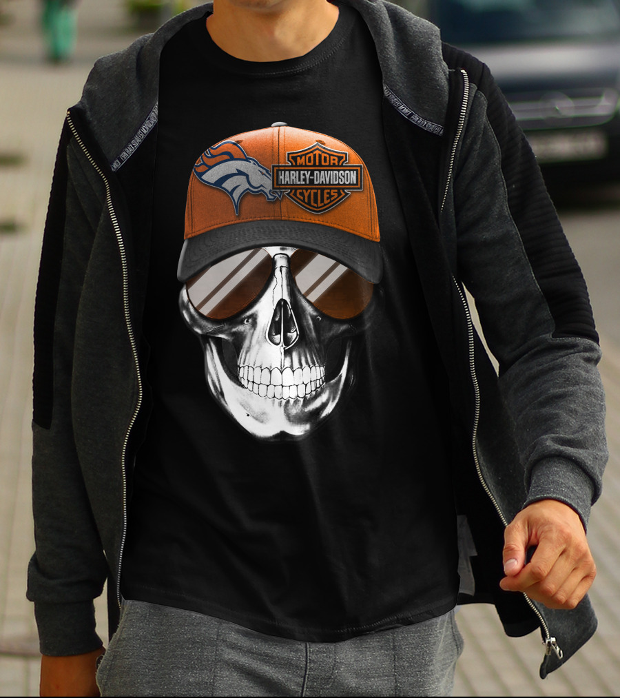 Harley Davidson Motorcycles Skull With Denver Broncos Cap T-Shirt