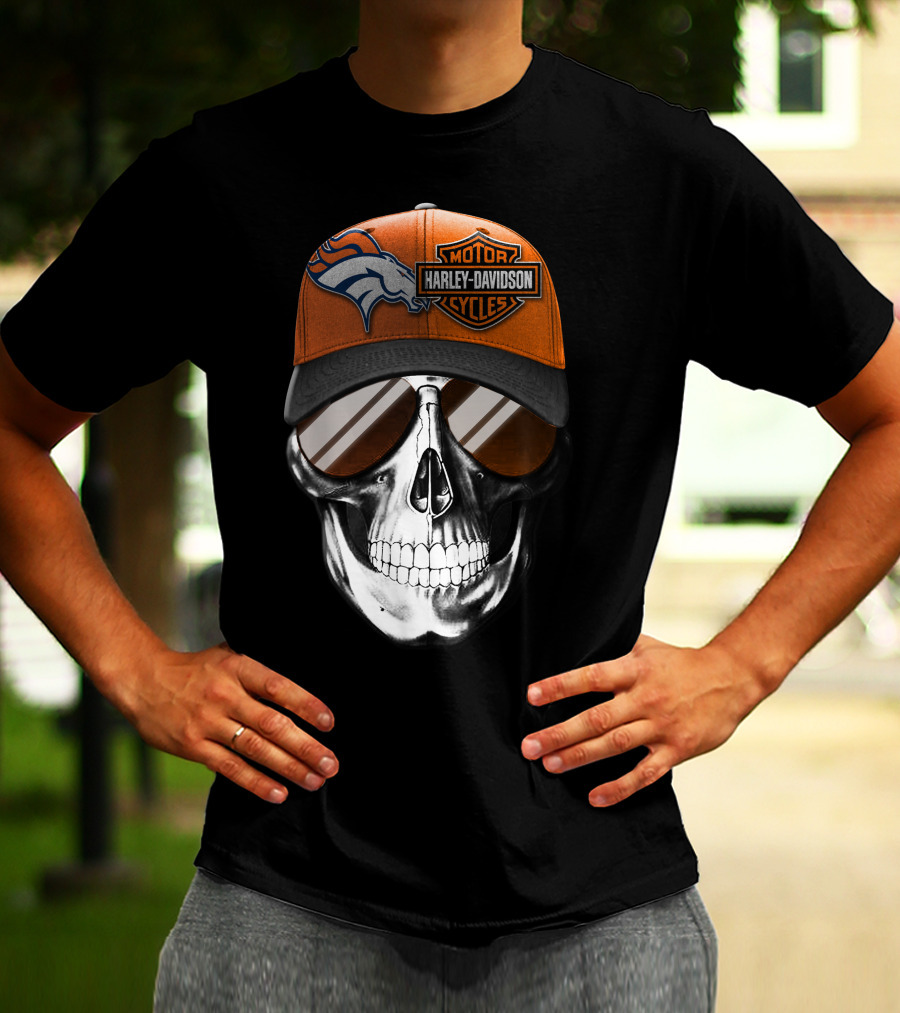 Harley Davidson Motorcycles Skull With Denver Broncos Cap T-Shirt