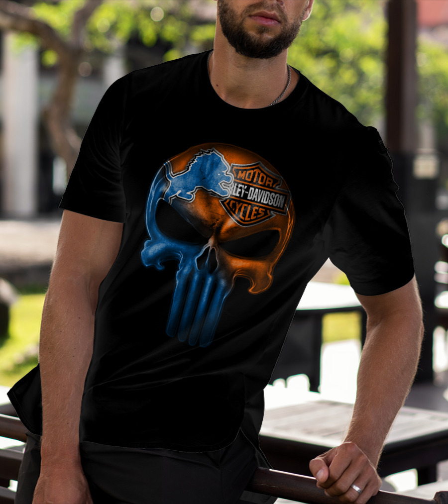 Detroit Lions Harley Davidson Motorcycles Punisher Skull T-Shirt
