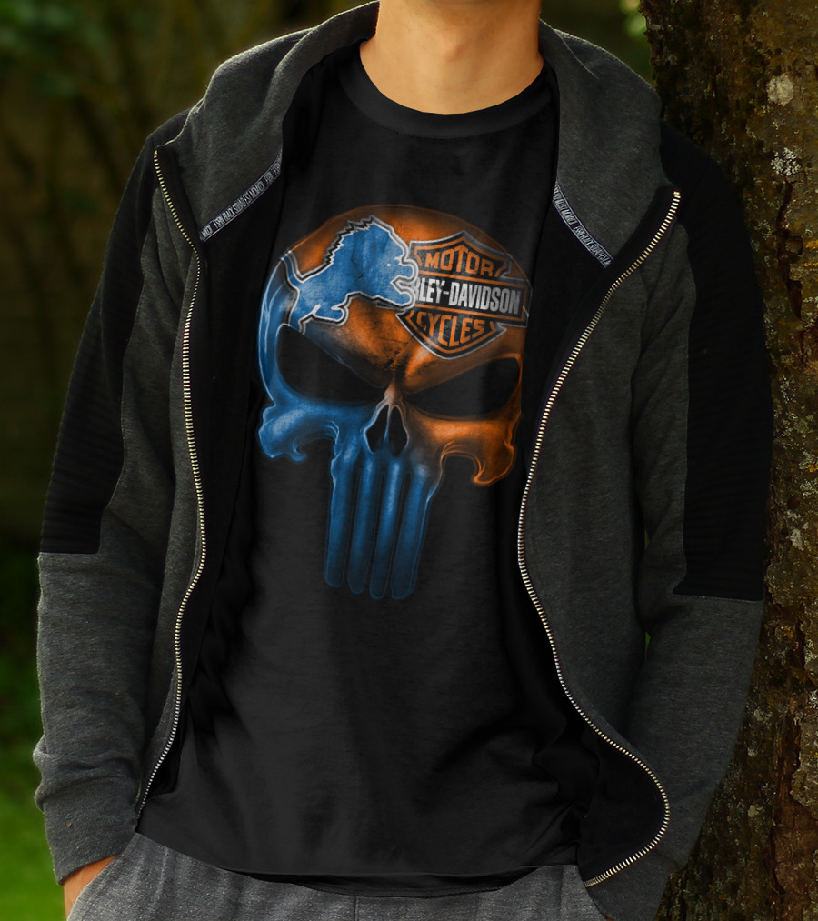 Detroit Lions Harley Davidson Motorcycles Punisher Skull T-Shirt