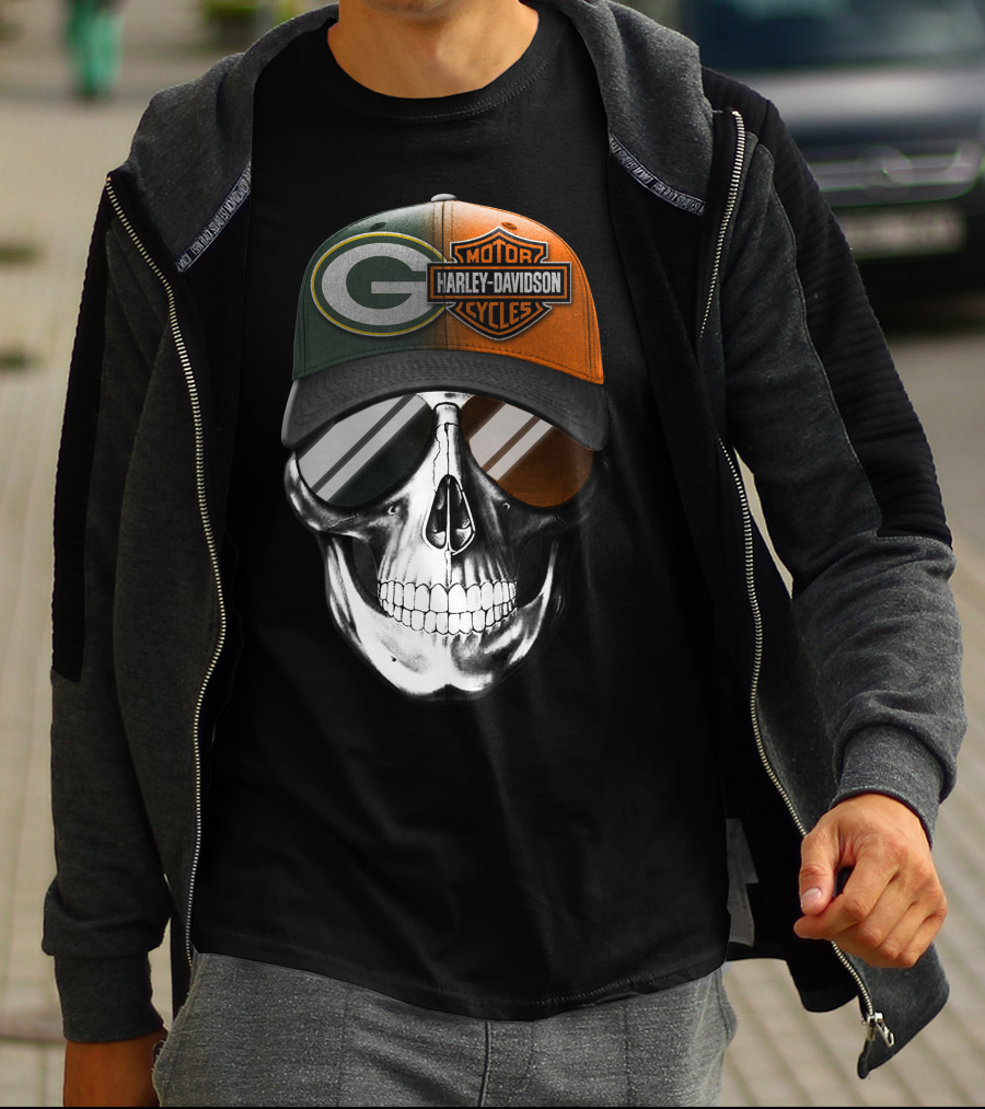 Green Bay Packers Harley Davidson Skull Cap T-Shirt