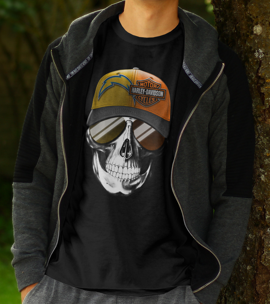 Los Angeles Chargers And Harley Davidson Motorcycle Skull Cap T-Shirt