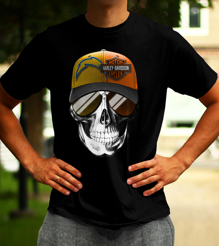 Los Angeles Chargers And Harley Davidson Motorcycle Skull Cap T-Shirt