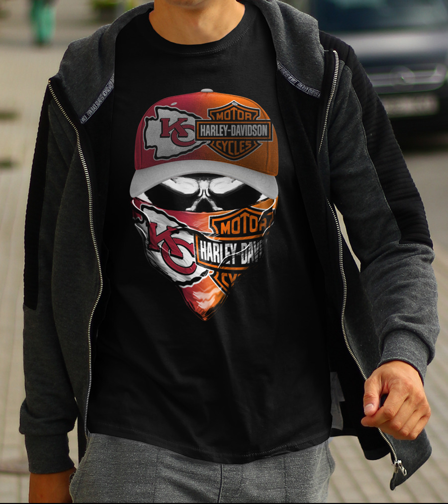Kansas City Chiefs Harley Davidson Motorcycles Skull Mask And Cap T-Shirt