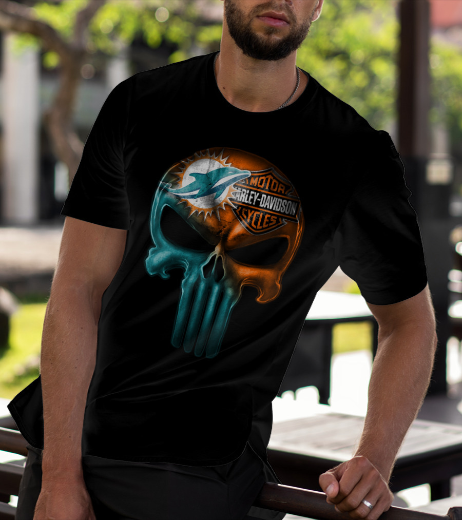 Miami Dolphins Harley Davidson Punisher Skull T-Shirt