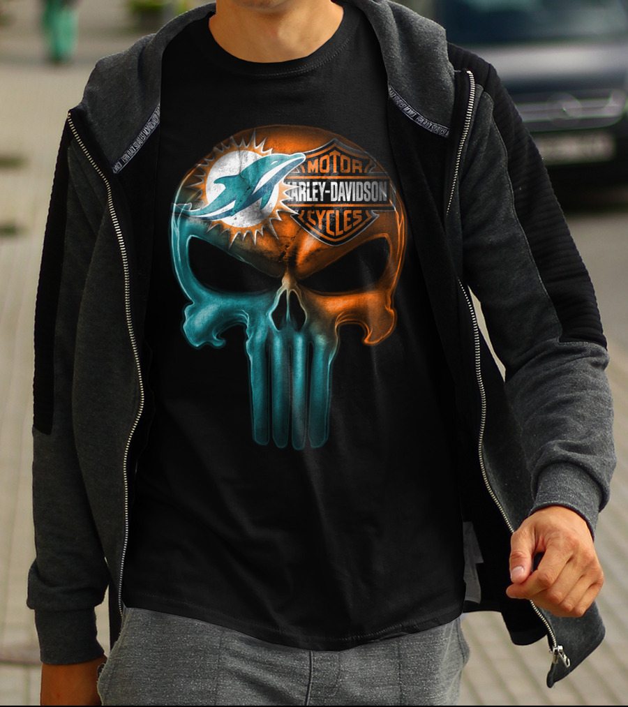 Miami Dolphins Harley Davidson Punisher Skull T-Shirt