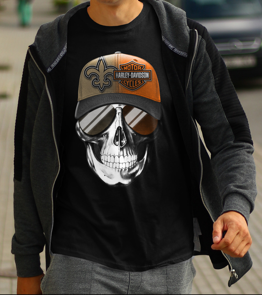 New Orleans Saints Harley Davidson Skull Hat T-Shirt