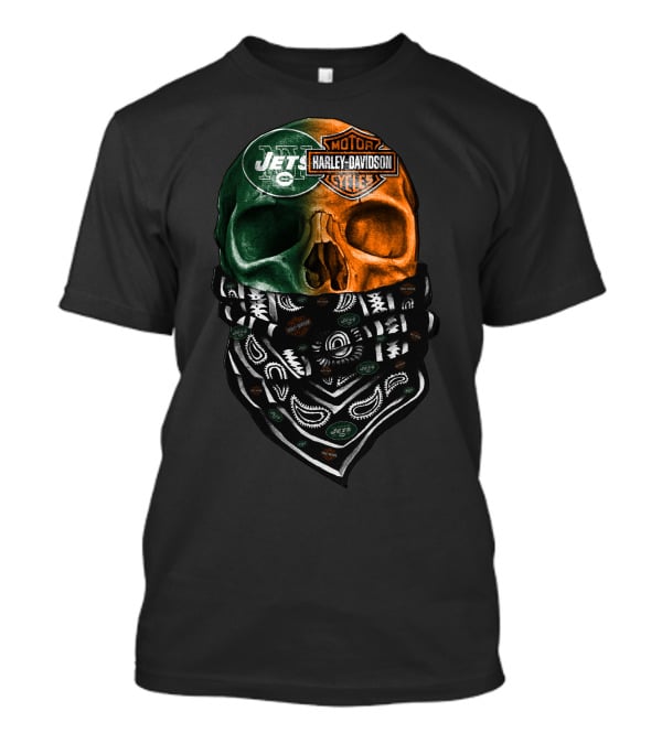 New York Jets Harley Davidson Green Orange Skull Bandana T-Shirt