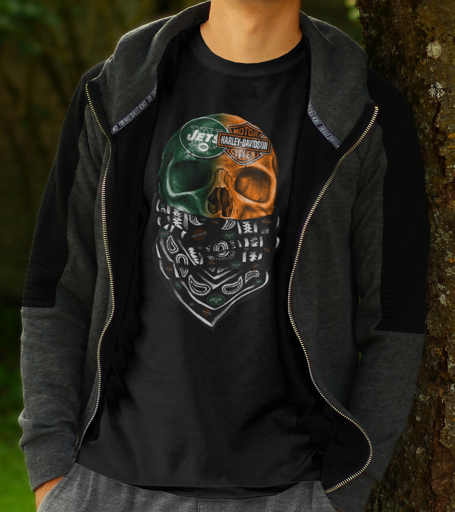 New York Jets Harley Davidson Green Orange Skull Bandana T-Shirt