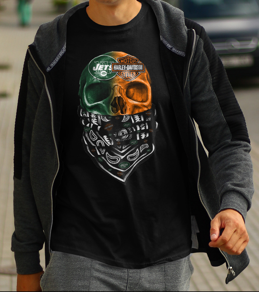 New York Jets Harley Davidson Green Orange Skull Bandana T-Shirt
