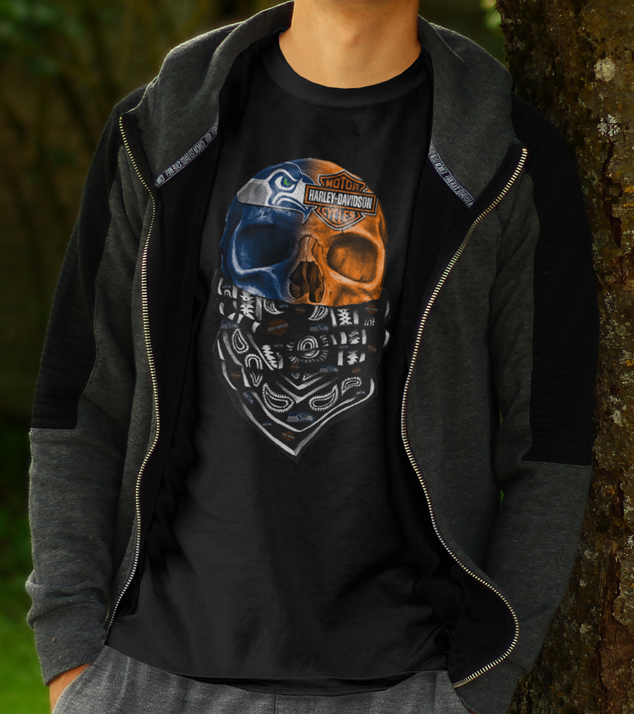 Seattle Seahawks Harley Davidson Skull Bandana T-Shirt