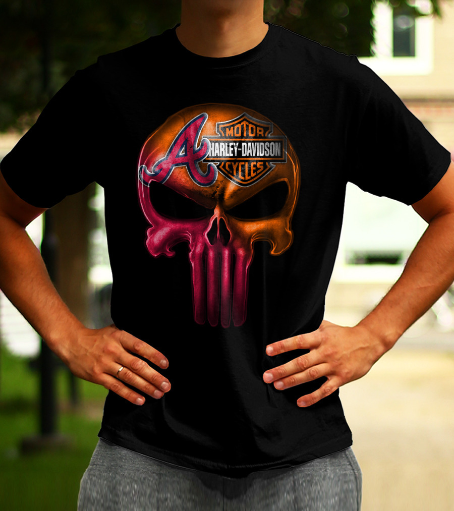 Atlanta Braves Punisher Skull Harley Davidson Motorcycles T-Shirt