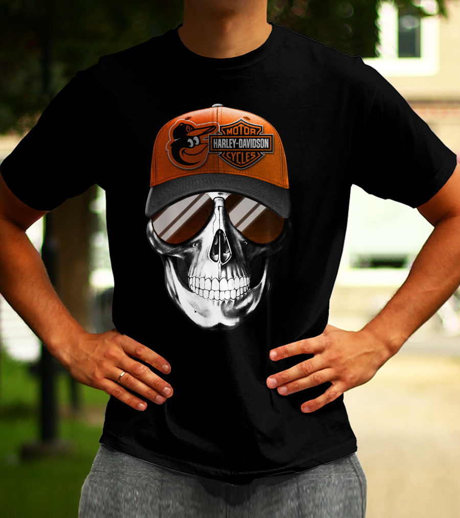 Harley Davidson Motorcycles Orioles Skull Cap T-Shirt