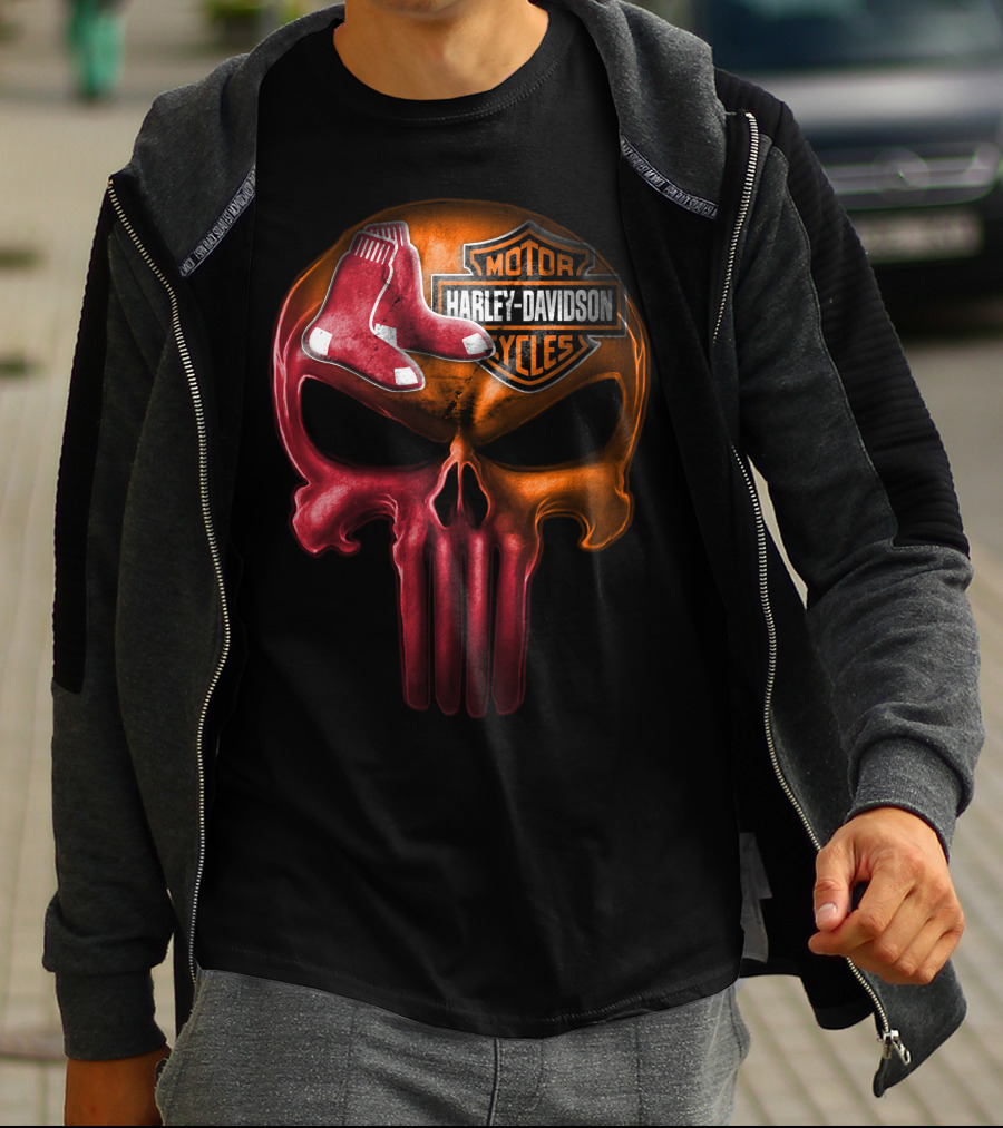 Harley Davidson Motorcycles Red Sox Logo Skull T-Shirt