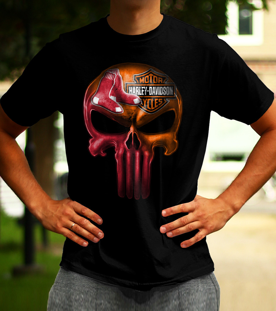 Harley Davidson Motorcycles Red Sox Logo Skull T-Shirt