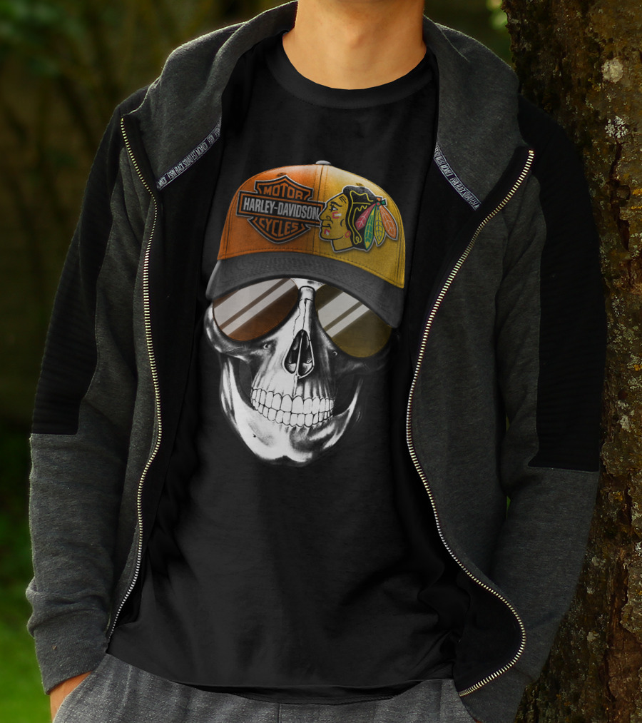 Harley Davidson Chicago Blackhawks Skull Cap T-Shirt
