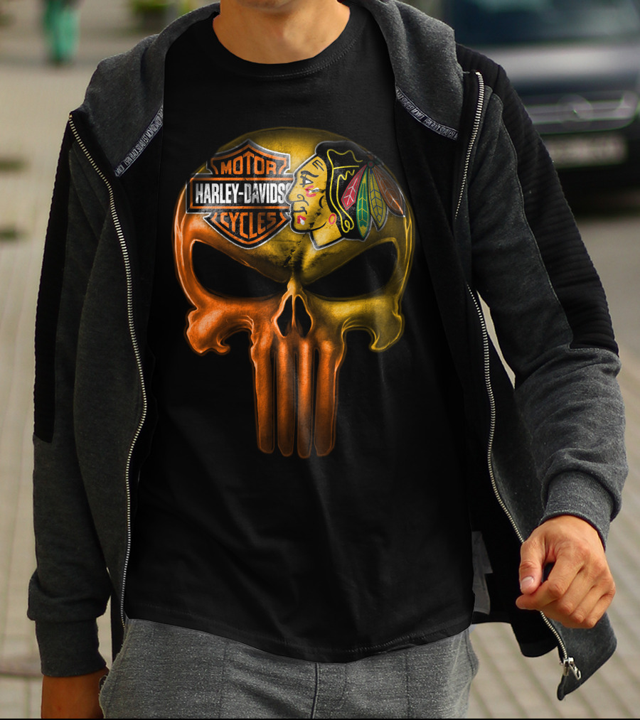 Harley Davidson Punisher Skull Chicago Blackhawks T-Shirt