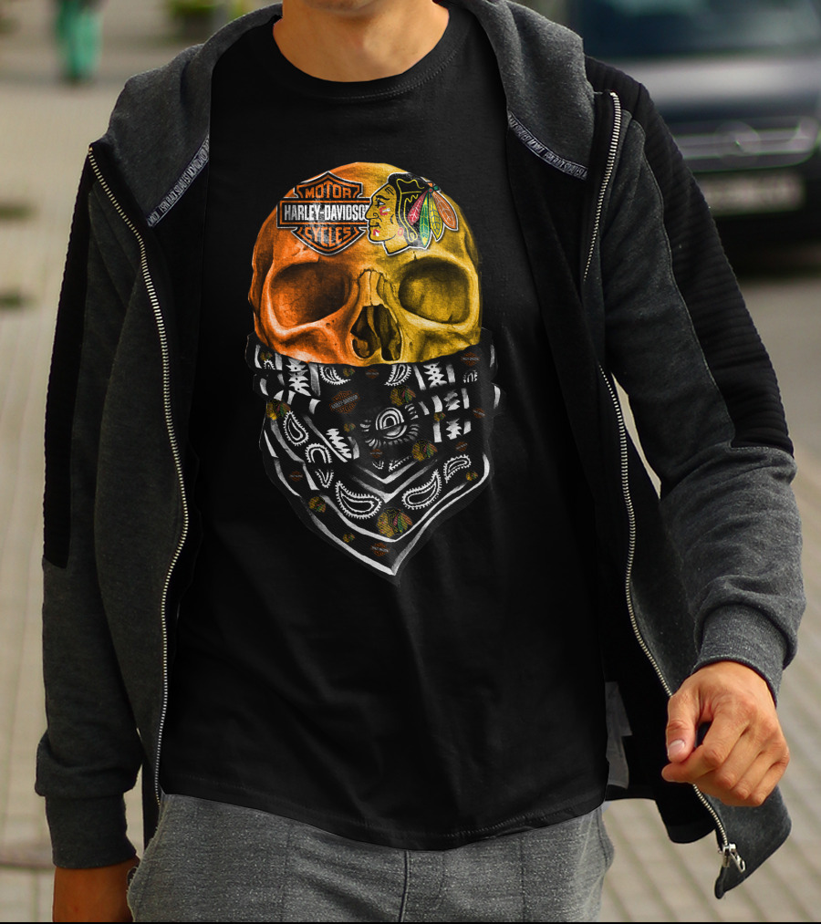 Harley Davidson Motorcycles Skull With Blackhawks Bandana T-Shirt