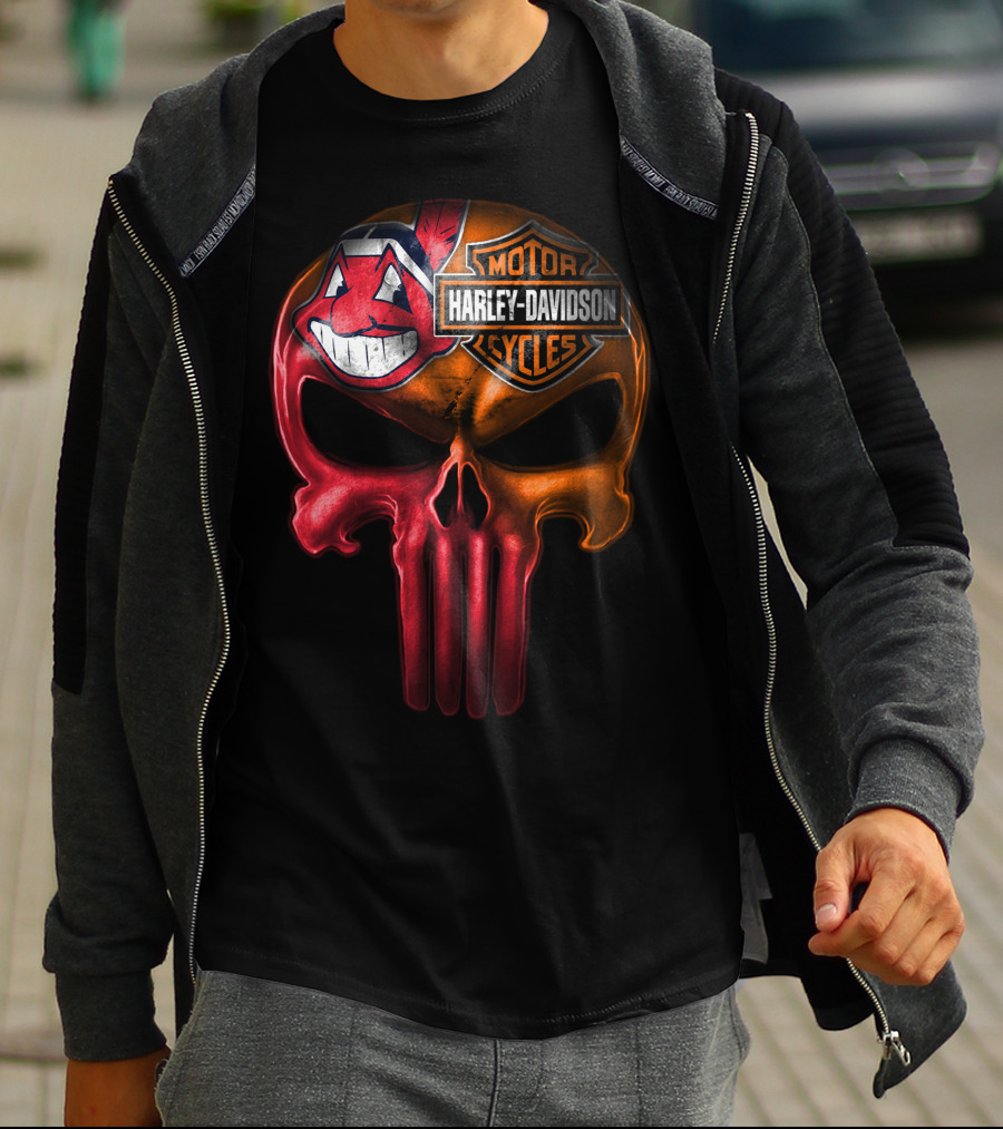 Harley Davidson Skull With Cleveland Indians Chief Wahoo Crossbones T-Shirt