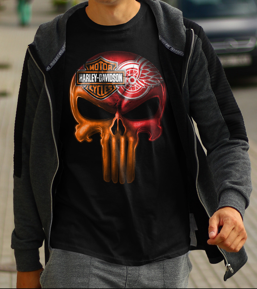 Harley Davidson Motorcycles Detroit Red Wings Punisher Skull T-Shirt