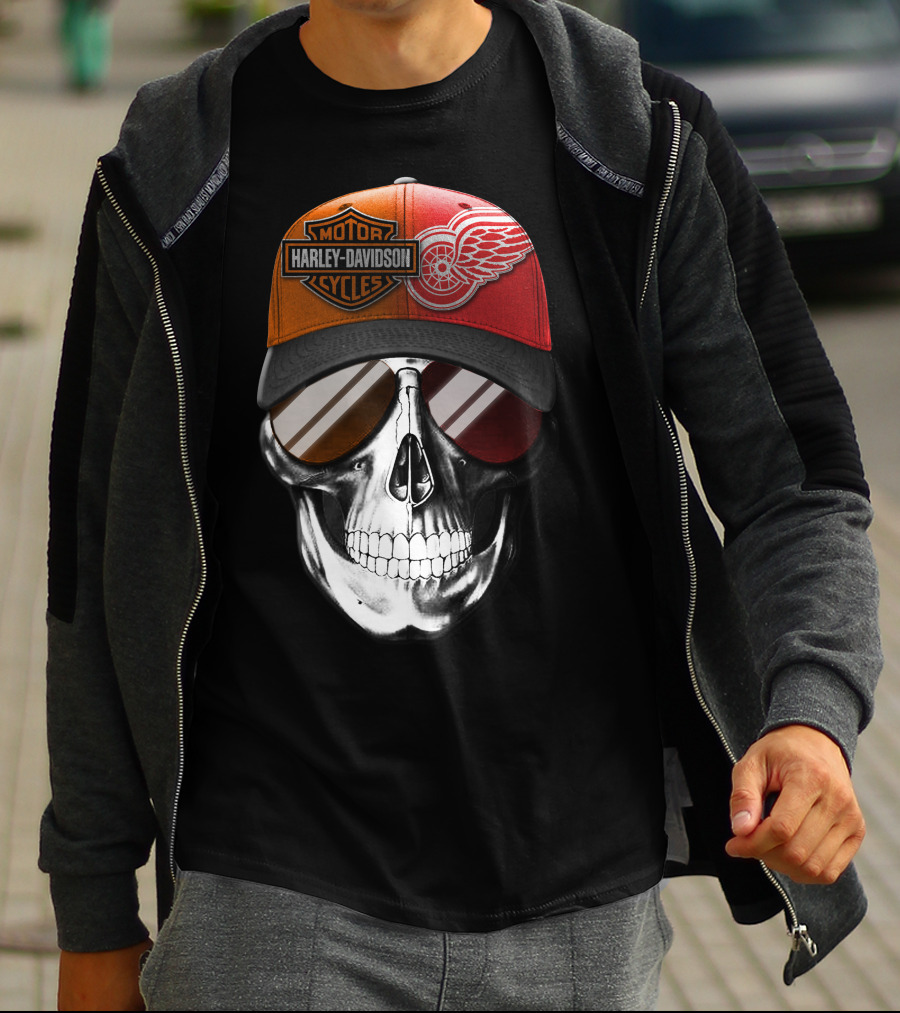 Harley Davidson Motor Cycles Red Wings Skull Cap T-Shirt