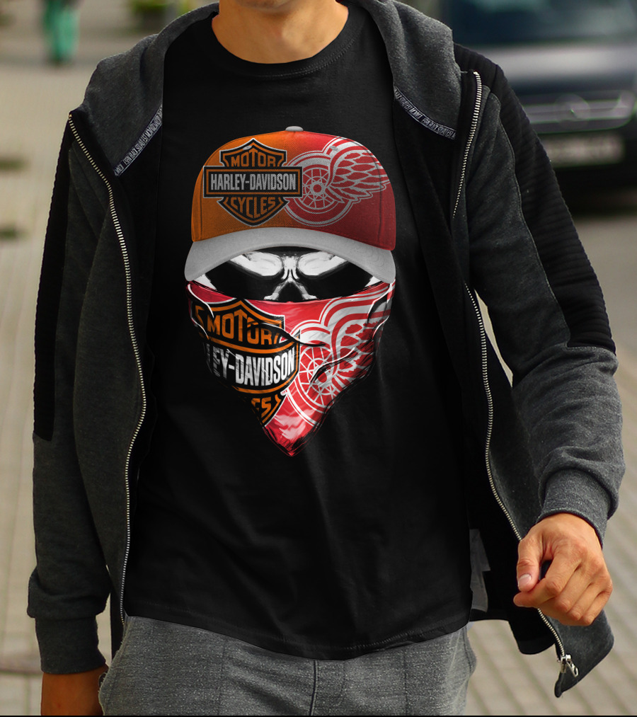 Harley Davidson Detroit Red Wings Bandana Hat Skull T-Shirt