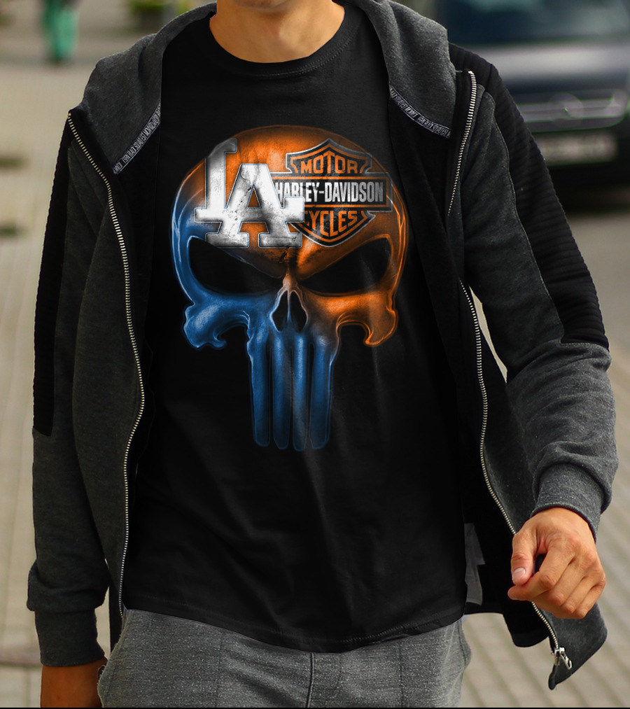 Los Angeles Dodgers Harley Davidson Biker Skull T-Shirt