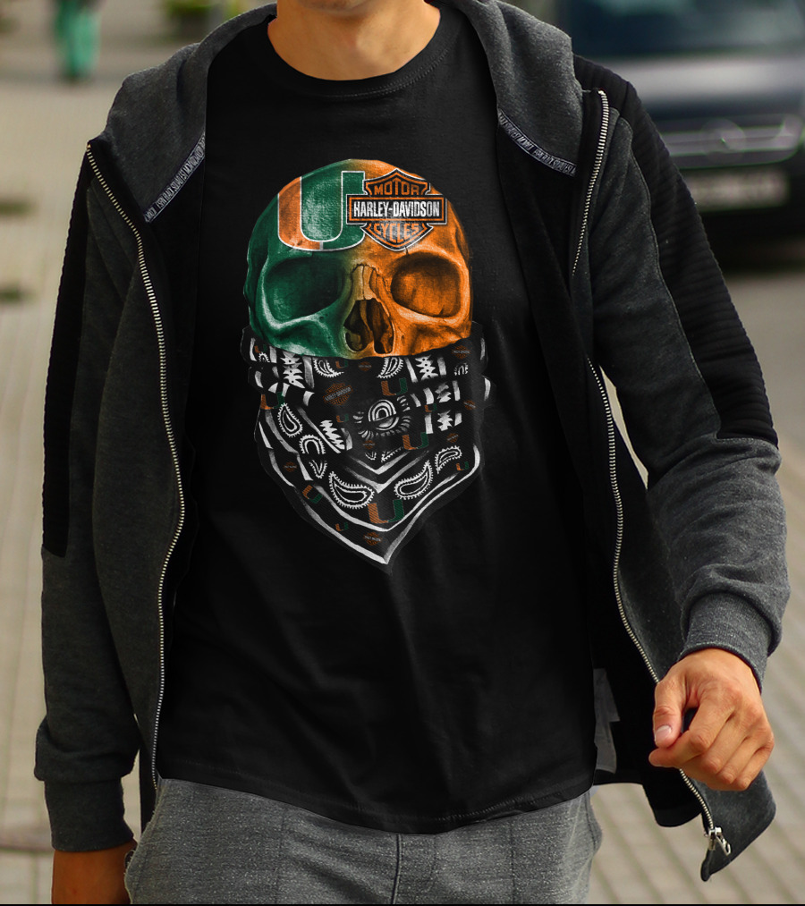 Harley Davidson Skull With Miami Hurricanes Bandana T-Shirt