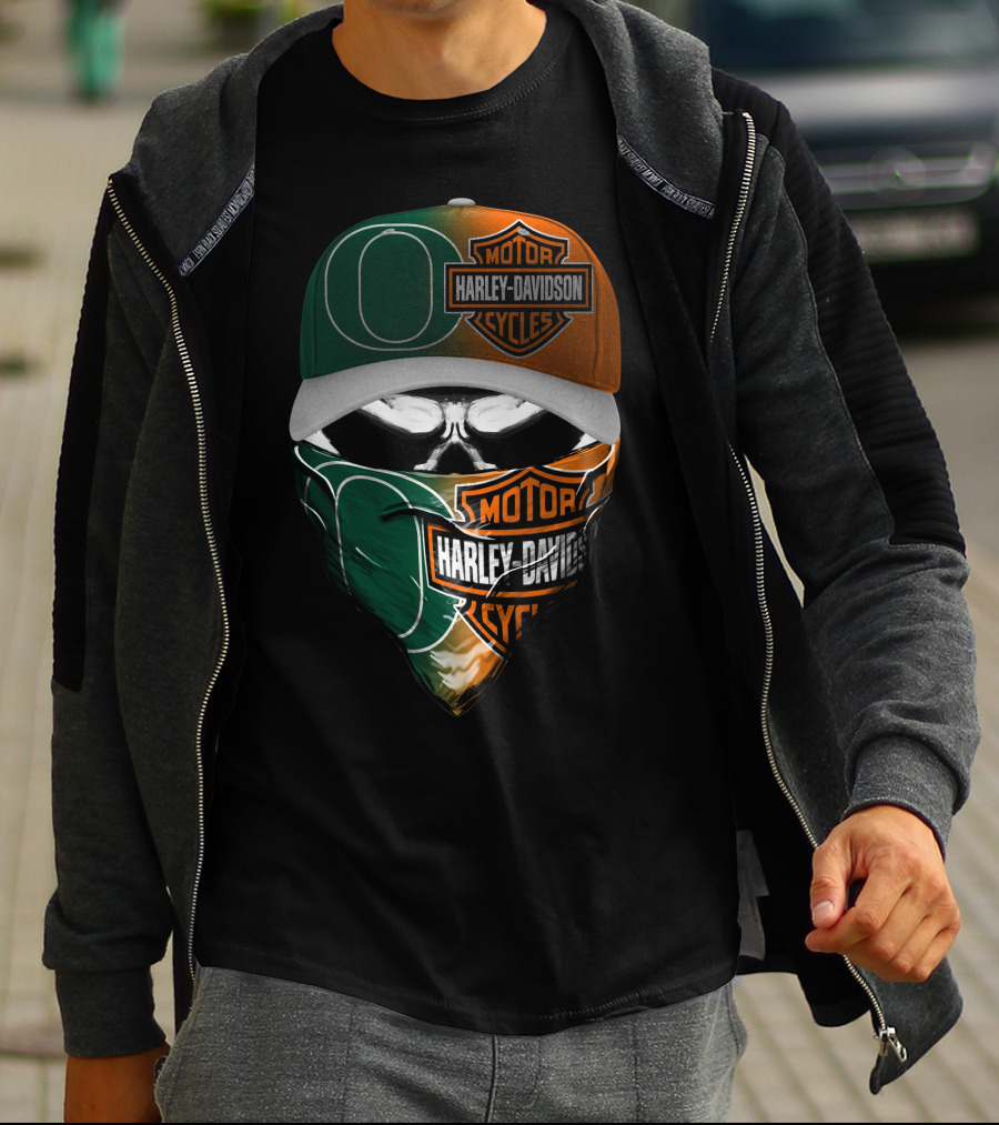 Oregon Ducks Harley Davidson Mask And Cap Skull T-Shirt