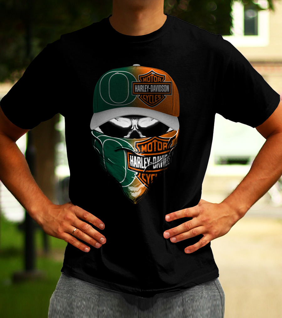 Oregon Ducks Harley Davidson Mask And Cap Skull T-Shirt