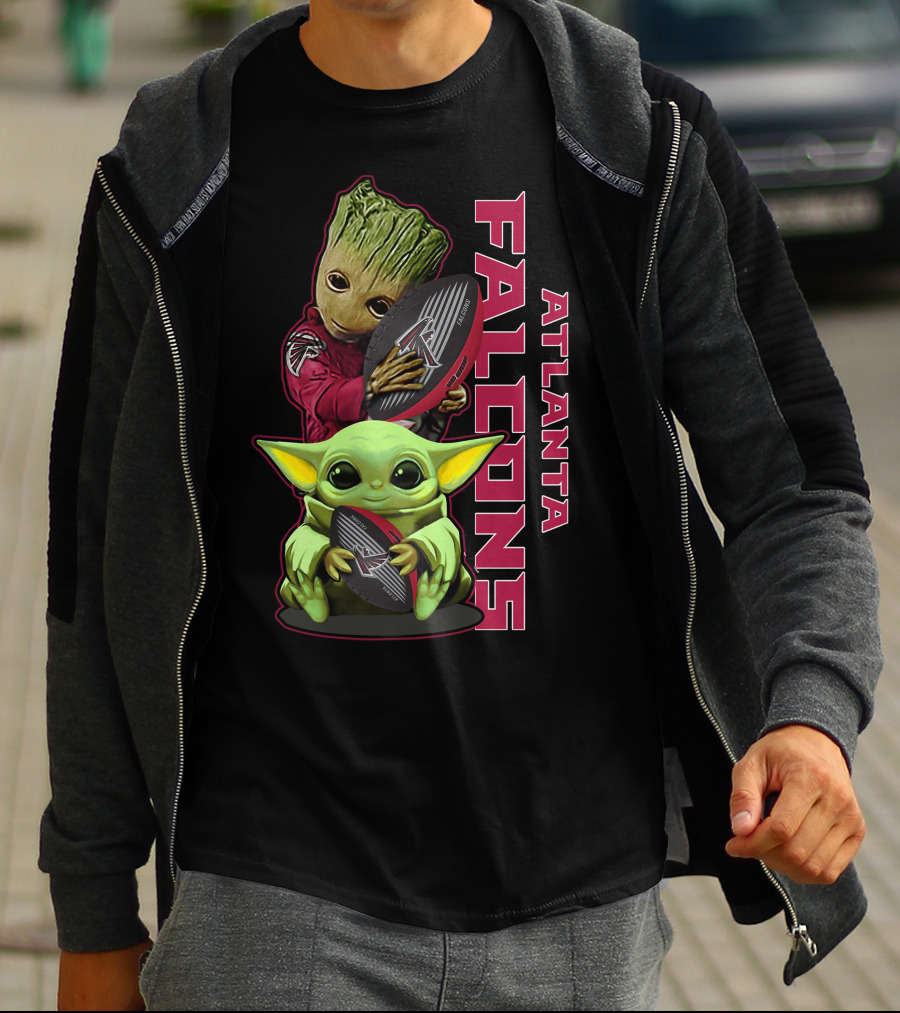 Grzd Atlanta Falcons Baby Groot Yoda Holding Football T-Shirt
