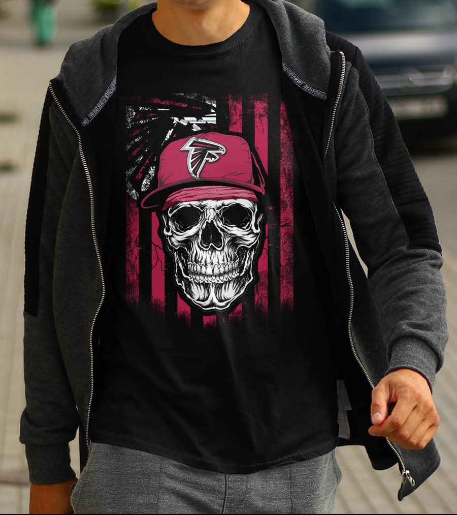 Skull Wearing Atlanta Falcons Cap With Red And Black T-Shirt