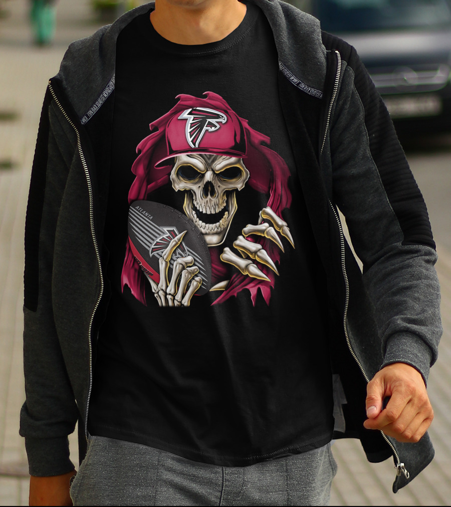 Skullbong Atlanta Falcons Skeleton With Cap Holding Football T-Shirt