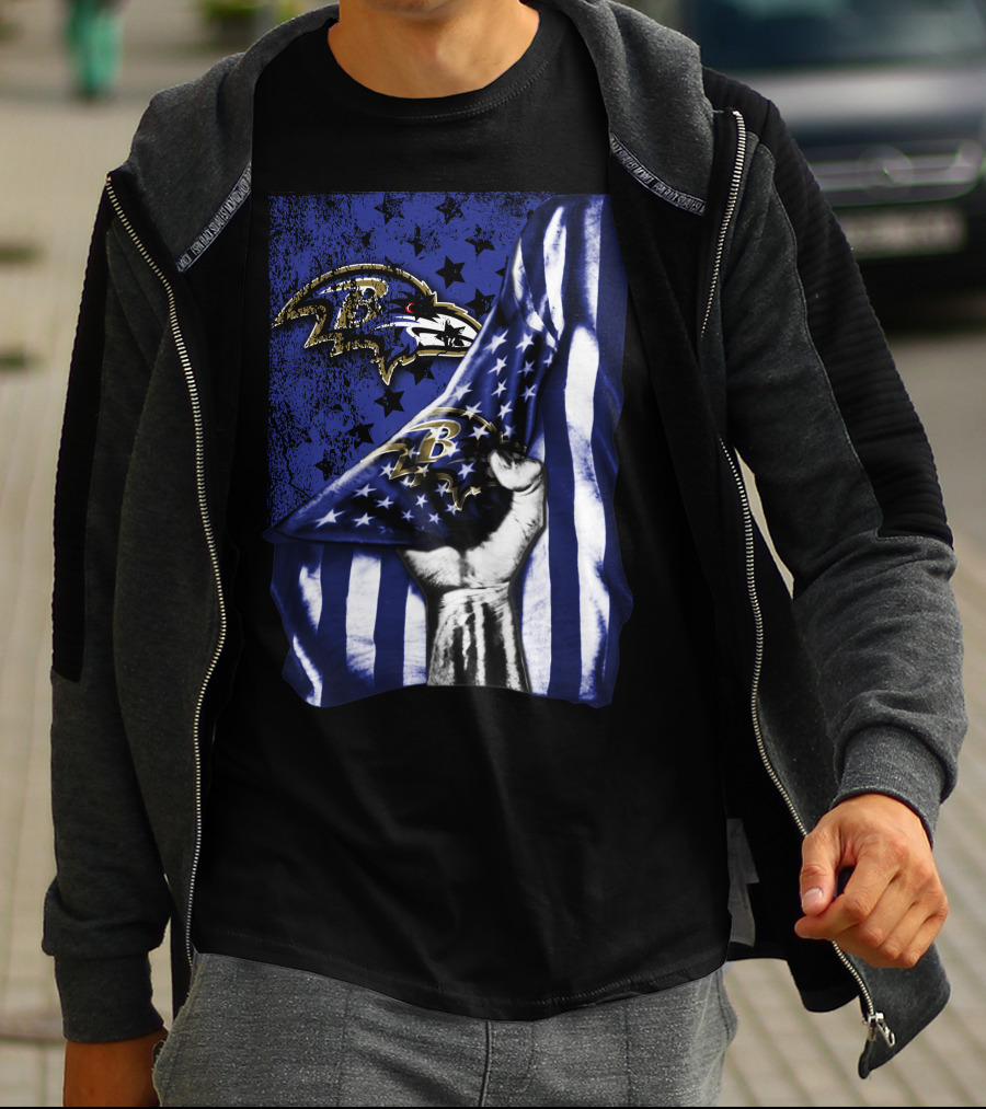 Baltimore Ravens Flag Stars Fist Ravens Logo Blue White T-Shirt