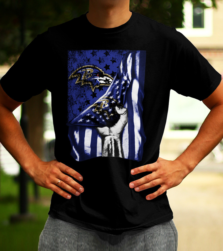 Baltimore Ravens Flag Stars Fist Ravens Logo Blue White T-Shirt